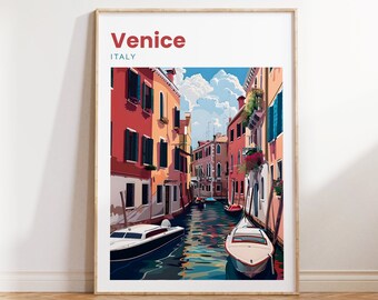 May include: A colorful illustration of a canal in Venice, Italy. The canal is lined with tall, narrow buildings with red, orange, and yellow facades. There are boats in the water, including a white motorboat and a white gondola.