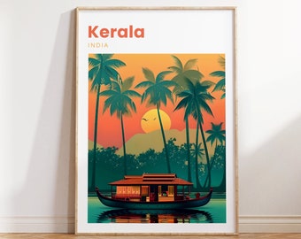 May include: A colorful illustration of a houseboat on a lake in Kerala, India. The houseboat is surrounded by palm trees and a sunset sky. The text "Kerala, INDIA" is at the top of the image.