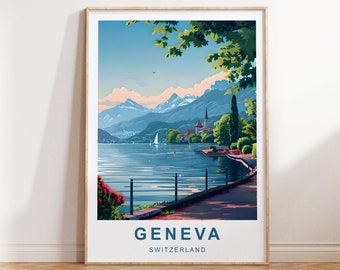 Geneva Travel Print | Geneva Travel Poster | Swiss Travel Poster | Geneva Poster | Lake Geneva | Geneva | Retro Travel Poster | Geneva