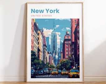 May include: A colorful illustration of a street scene in New York City, featuring tall buildings, a blue sky, and yellow taxis. The text "New York" and "UNITED STATES" is displayed at the top of the image.