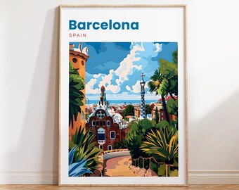 May include: A colorful illustration of Barcelona, Spain, featuring a view of the city from a park with a tall tower and a blue sky with white clouds.