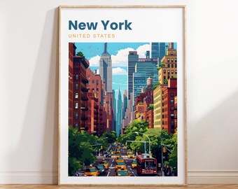 May include: A colorful illustration of a New York City street scene with tall buildings, yellow cabs, and a red bus. The text "New York" and "UNITED STATES" is at the top of the image.