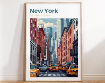 May include: A colorful illustration of a street scene in New York City, United States. The image features tall buildings, a busy street with yellow taxis, and a blue sky with white clouds.