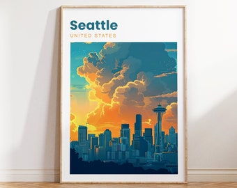 Seattle Travel Print | Seattle Travel Poster | Seattle Washington | Space Needle | Seattle Art Work | Seattle Gift | Travel Print Wall Decor
