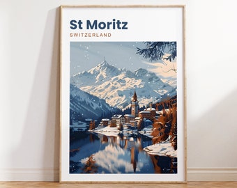 St Moritz Travel Print | St Moritz Switzerland | Saint Moritz | Saint Moritz Travel Poster | St Moritz Ski | Ski Travel Poster | Swiss Alps