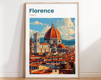 May include: A colorful illustration of the Duomo, a famous cathedral in Florence, Italy. The image features a bright blue sky with fluffy white clouds, a red-orange dome, and a cityscape in the foreground.