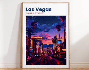 Könnte beinhalten: Eine digitale Illustration der Skyline von Las Vegas bei Nacht. Das Bild zeigt eine Straße, die von Palmen und Neonlichtern gesäumt ist. Der Himmel ist dunkelblau mit Sternen und ein paar Wolken. Der Text "Las Vegas" und "Vereinigte Staaten" befindet sich oben im Bild.