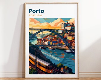 May include: A colorful illustration of the city of Porto, Portugal. The image features a bridge, buildings, a river, and a train. The text "Porto" and "Portugal" are visible in the top left corner.