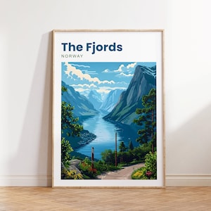 Impression de voyage dans les fjords | Les Fjords Norvège | Norvège | L'affiche de voyage des fjords | Les fjords | Cadeau Norvège | Art mural Les fjords | Norvège