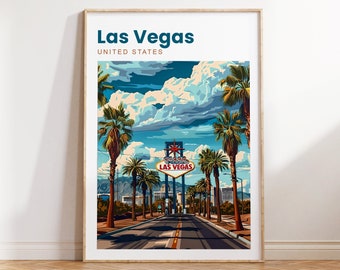 Könnte beinhalten: Eine Retro-Illustration des Las Vegas Willkommens-Schilds mit Palmen und blauem Himmel mit Wolken. Der Text auf dem Schild lautet "Welcome to Fabulous Las Vegas".