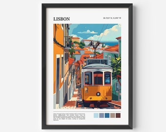 May include: Framed art print featuring a vibrant illustration of Lisbon, Portugal. The artwork showcases a yellow tram traveling down a narrow street lined with colorful buildings. The word "LISBON" is at the top, with coordinates. A color palette is at the bottom.
