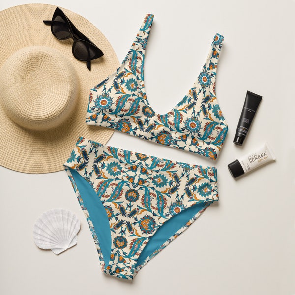 Teal Floral Persian Oriental Print high-waisted bikini