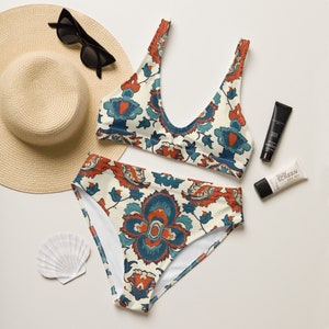 Tabriz Boho Oriental Floral Print 2 teiliges Bikini Set mit hoher Taille