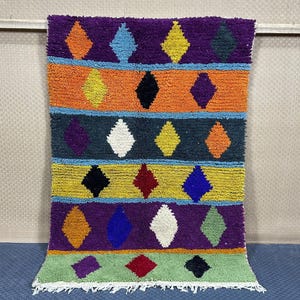 Handmade Moroccan Berber Rug: Colorful Diamond Pattern, Natural Wool