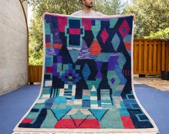 Handwoven Moroccan Boujaad Wool Rug – Bold Geometric Abstract Design in Multicolor