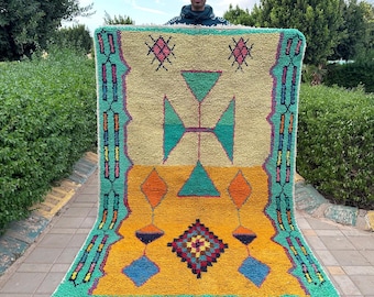 Handwoven Moroccan Wool Rug - Vibrant Yellow and Turquoise Bohemian Carpet with Geometric Patterns and Tassels
