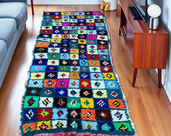 Checkered Rug Blue Wool Runner: Vintage Moroccan 100 x 220 cm