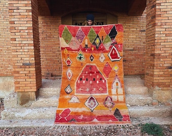 Handmade Beni Ourain Rug - Vibrant Orange Berber Wool Carpet - UNIQUE TRIBAL DESIGN 100 Wool