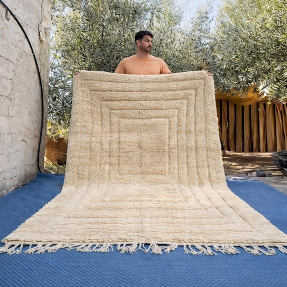 Beni Ourain Carpet Ivory Wool: Handmade Moroccan Geometric Berber Rug, Plush Boho Decor Layer