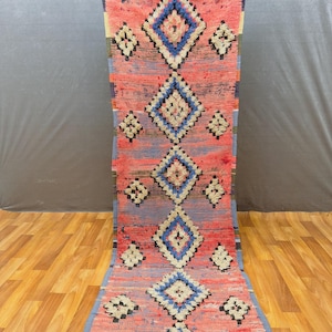 Colorful Berber Runner Rug – Handmade Moroccan Wool Carpet – Tribal Diamond Design – Boho Runner Carpet – Handwoven Geometric Berber Style