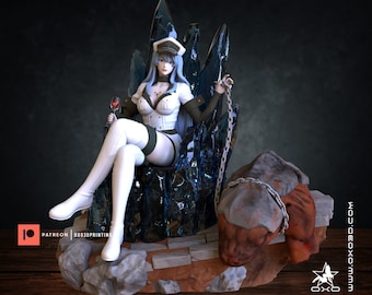 May include: A white-clad figure with long blue hair sits on a throne made of ice and chains. She holds a glass of red wine and wears a white cap with a black band. A chained, brown, animal-like figure lies at the base of the throne.