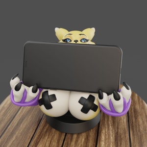 May include: A phone stand featuring a cartoon character with yellow fur, blue eyes, and purple paws holding a black smartphone. The character has a white body with black X markings.