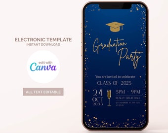 Editable Dark Blue Graduation Invitation, Digital instant download grad mobile phone invite, grad phone invite, electronic evite, grad party