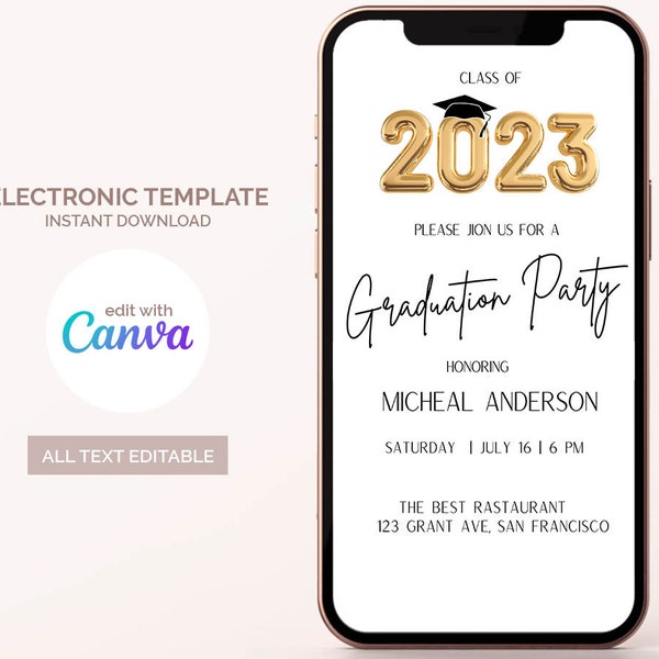 Graduation Party Electronic Invitation Gold Balloons 2023, Grad Party Evite Digital Download Template, SMS Message Phone Invite, Simple