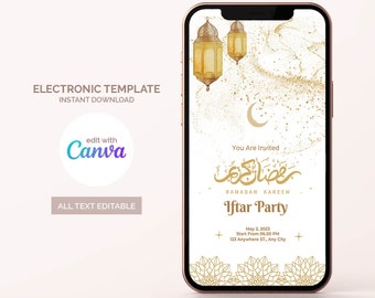 Download direct uw Iftar-dinerfeestuitnodiging, digitale bewerkbare Iftar-feestuitnodiging, aquarel Ramadan-uitnodiging, telefoonuitnodiging