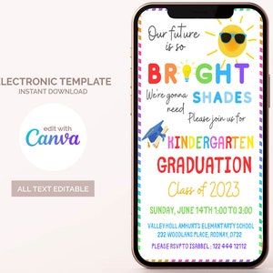 Invitación a la ceremonia de graduación de jardín de infantes evite, Invitación digital a la graduación de preescolar, Nuestro futuro es tan brillante, plantilla, Clase de 2023