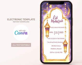 May include: A digital invitation for an Eid Mubarak dinner party. The invitation features a purple and gold watercolour background with a crescent moon and stars. The text reads "Eid Mubarak" and includes the date, time, and location of the event. The invitation is editable using Canva.