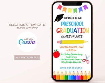 Preschool Graduation Invitation, Editable Kindergarten Graduation 2023 Announcement, Class Graduation Ceremony Invitation, Instant Download