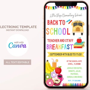 Convite editável de volta às aulas para café da manhã para professores e funcionários, pôster de convite para café da manhã para professores, convite para festa de verão para crianças, download instantâneo