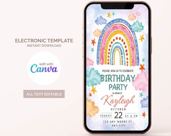 Rainbow Birthday Invitation: Girl's Party Template (Digital Download)