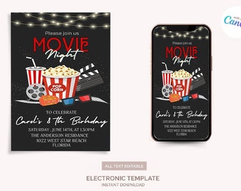 Movie Night Birthday Digital and Printable Invitation Template, Printable Movie night invitation template, , Editable Digital Download