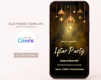 Iftar diner uitnodiging sjabloon, digitale Iftar Party Gold uit te nodigen, Ramadan uitnodiging vieren, telefoon uitnodiging, elektronische uitnodiging