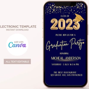 Get Ready to Celebrate with Dark Blue and Gold Digital Graduation Party Invitation - Editable Collage Grad Template Instant Download!