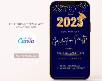 Get Ready to Celebrate with Dark Blue and Gold Digital Graduation Party Invitation - Editable Collage Grad Template Instant Download!