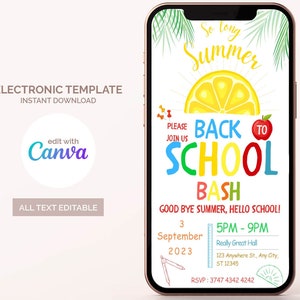Convite para festa de volta às aulas editável digitalmente, So Long Summer Bash, Goodbye Summer Bash, festa de volta às aulas, convite para festa de fim de verão