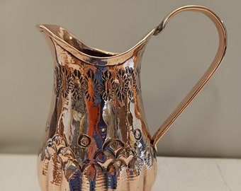 Vintage High Polished Copper Pitcher Carafe Engraved Pattern