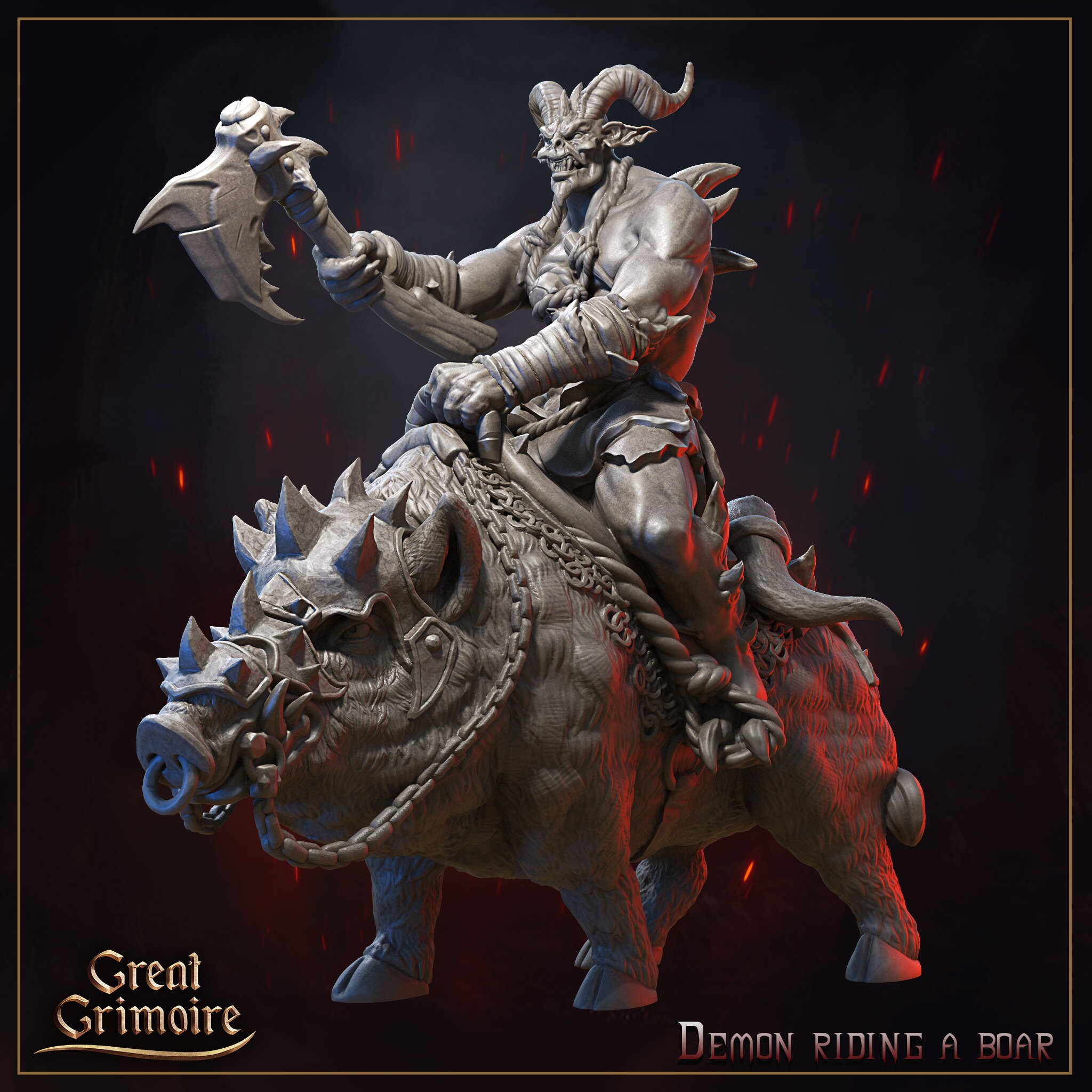 Demon Riding Hellboar - 3d printed miniature sculpted by Great Grimoire