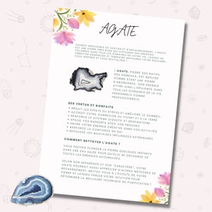 Puede incluir: Un cristal de ágata con un patrón de bandas grises y blancas. El texto en la imagen dice "Agate, Source Inepuisable of Soutien and Encouragement, L'Agate est une Pierre Precieuse qui diffusera ses Energies Colores dans tous les domaines de votre vie, laissez sa vibration genereuse et terrestre restaurer votre equilibre. Vous inspirer et vous revitaliser! L'Agate, Pierre des Natifs des Gemeaux, est reputee comme etant une Pierre d'abondance. Son energie attire ainsi l'opulence dans tous les domaines de la vie, personnels comme professionnels. Ses Vertus et Bienfaits: Reduit les effets du stress et ameliore le sommeil Accroit votre connexion au vivant et a la terre Renforce le systeme digestif et respiratoire Apaise vos rapports avec vos proches Ancre votre energie creative dans vos activites Renforce la confiance en soi Repousse les mauvaises influences exterieures Comment nettoyer l'agate? Vous pouvez plonger la pierre quelques instants dans une eau salee pour qu'elle se decharge de toutes les energies accumulees. Selon son apparence et son "caractere", votre agate pourrait aussi apprecier d'autres methodes de rechargement, mettez-vous a l'ecoute de votre pierre et laissez parler votre intuition pour determiner la meilleure technique de purification!"