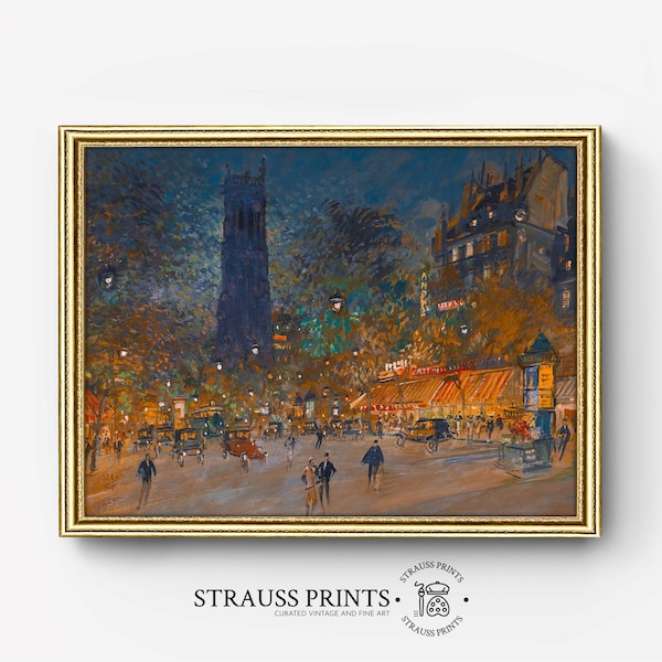 Famous Parisian monument | Nighttime | Festive | Crowds | Oil on Canvas | Landscape | Fine Art | Famous Artwork | Printable Download