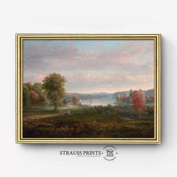 Hudson River Valley in Autumn l Oil on Canvas l Vintage Landscape l Fine Art  l Printable Digital  Download | Blazing Color