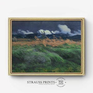 May include: A vintage painting of a landscape with a stormy sky and green grass blowing in the wind. The painting is framed in a gold frame.