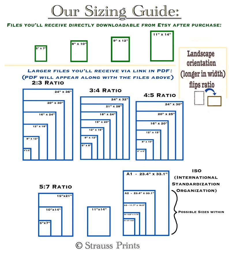 May include: A guide to different print sizes for digital downloads. The guide shows various aspect ratios, including 2:3, 3:4, 4:5, and 5:7. The sizes are listed in inches. The guide also includes a section for ISO standard sizes, with sizes listed in inches.