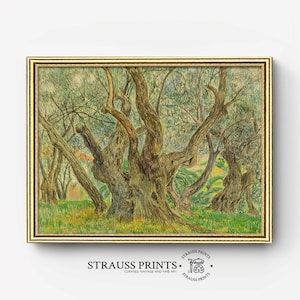 May include: A vintage painting of a group of olive trees with gnarled branches and green leaves. The painting is framed in a gold frame.