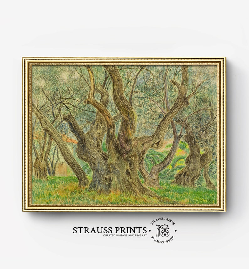 May include: A vintage painting of a group of olive trees with gnarled branches and green leaves. The painting is framed in a gold frame.