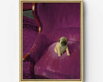 Pug dog on a large plush chair | Dog Art l Famous Artwork l Oil on Canvas l Poster Art l Fine Art Print l Wall Art l Printable Download