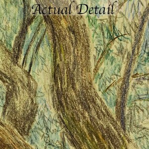 May include: A close-up of a pencil drawing of tree trunks and branches. The drawing is done in shades of brown, green, and yellow.